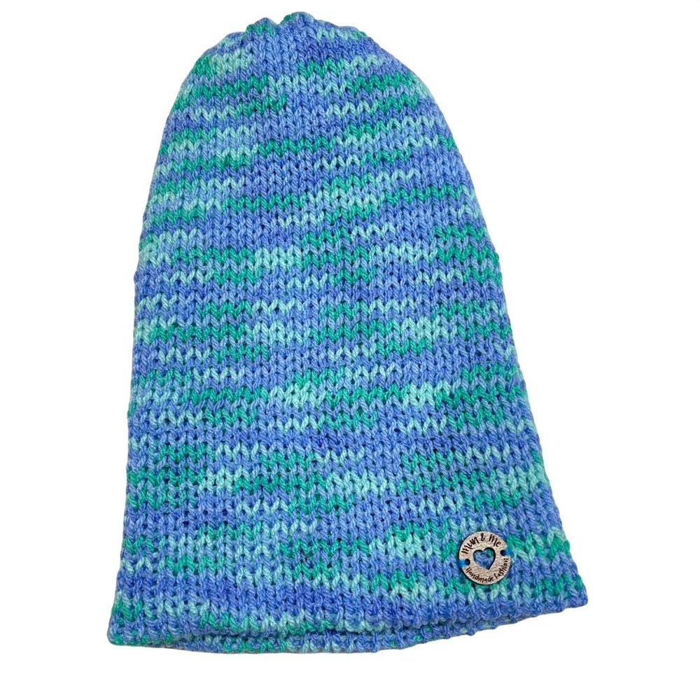 Handmade knit beanie hat blue and green double layered Adult size Women Soft - Picture 1 of 4
